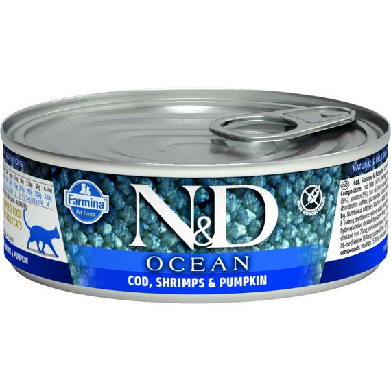 N&D Cat Ocean konzerv tonhal,tőkehal&garnélarák sütőtökkel 80g