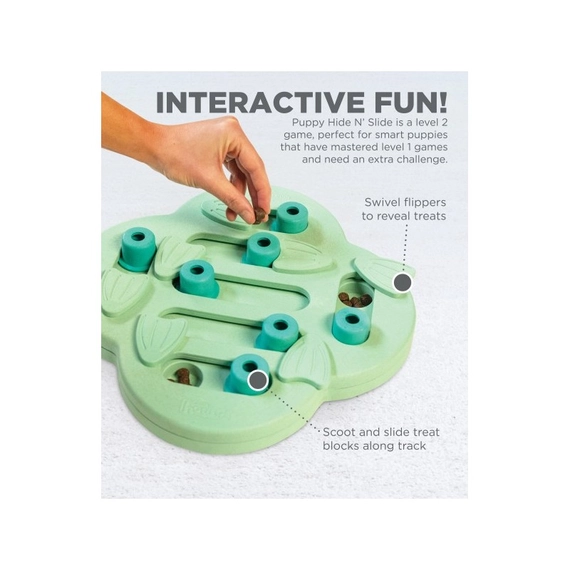 Puppy Hide N' Slide Zöld interaktív csemege kirakós kölyökkutyajáték - Outward Hound Nina Ottosson